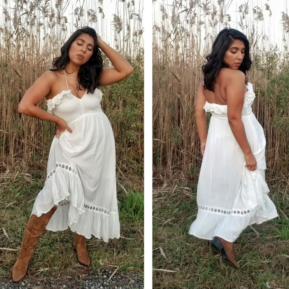 DOVES & ROSES RUFFLE SMOCKED MIDI DRESS - Picture 8 of 8